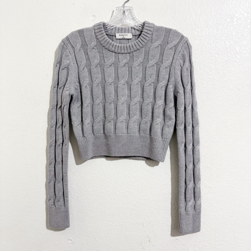 Aritzia Babaton Forever Merino Wool Cropped Crewneck Cable Knit Sweater in Grey‎